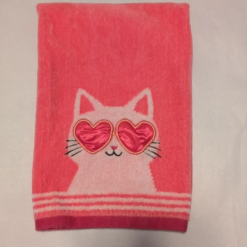 Fun Pink Cotton Cat Hand Towel with Heart Glasses & a Heart Balloon on it's Tail